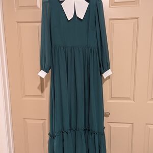 Teal Long Sleeve Dress with White Collar